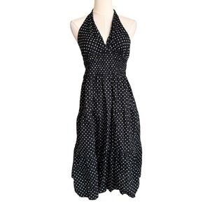 American Flirt Polka Dot Halter Dress Black White Smocked Waist Small